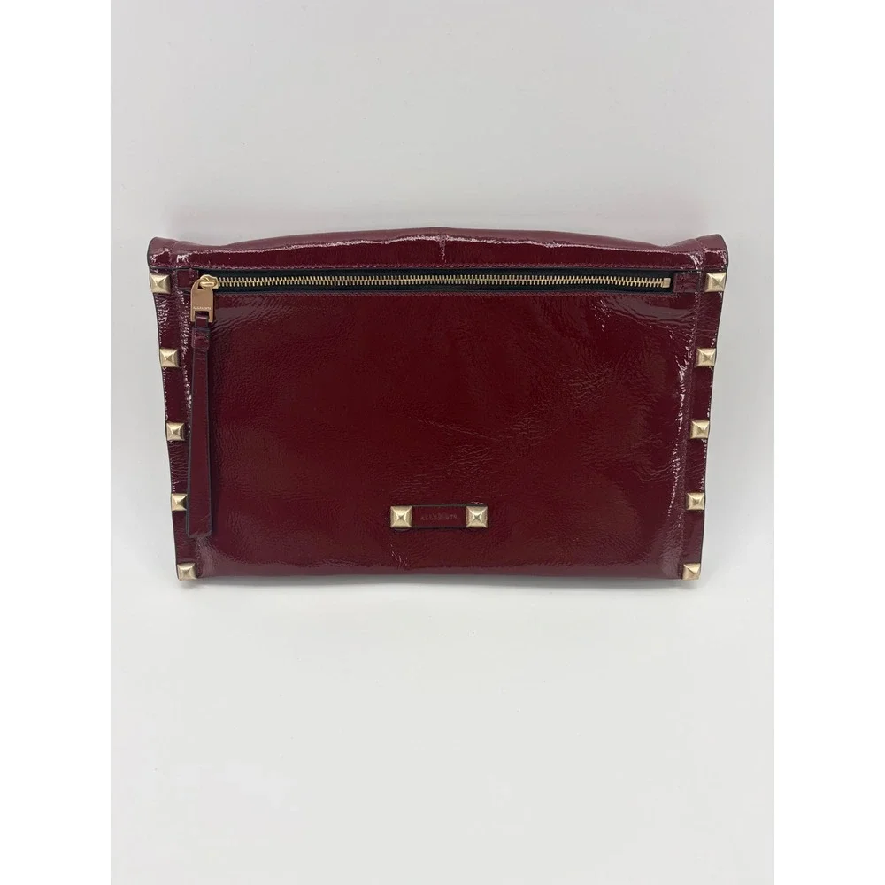 AllSaints Alex Clutch Bag Oxblood Red Patent Studded Leather Womens (No Strap)